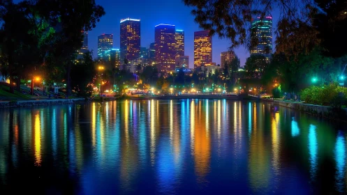 City skyline at night reflected on calm urban lake.