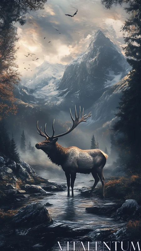 Majestic elk pauses in a misty mountain stream at sunrise