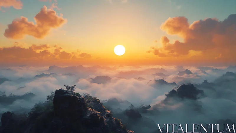 Sunrise over misty mountain peaks above dense clouds.