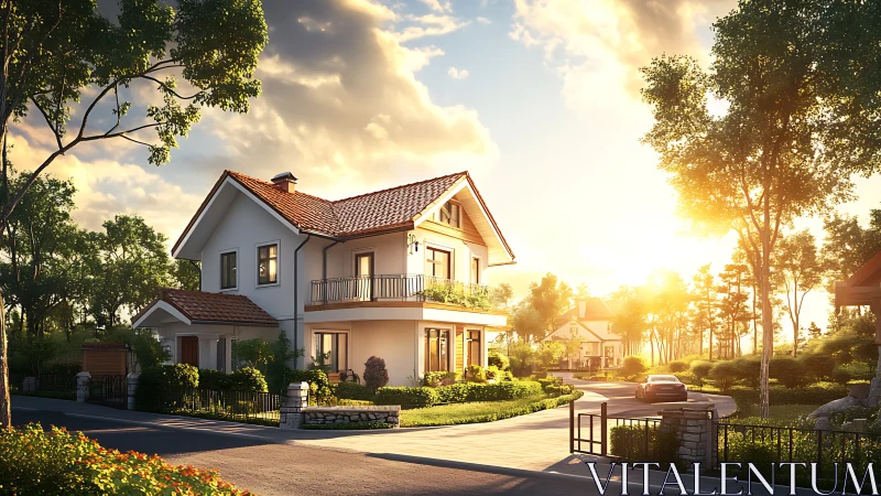 Sunlit suburban villa rendered with high dynamic range lighting