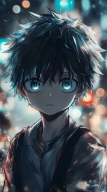 Melancholic anime boy stands amid glowing urban bokeh lights