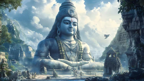 Colossal serene deity statue in misty mythic mountain city.