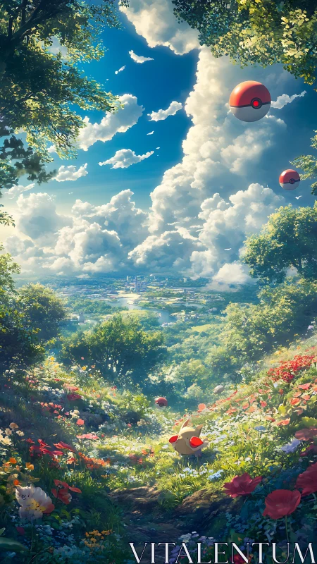 Pokémon creatures in flowered valley under clouded sky.