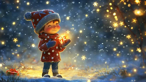 Smiling child in red winter clothes holding glowing stars.