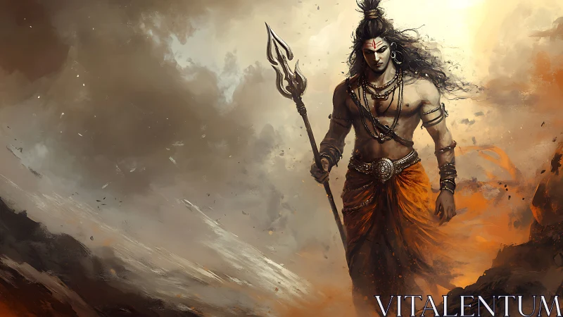 Warrior deity with trident amid swirling storm and embers