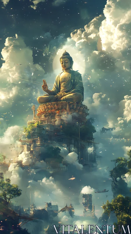 Celestial Buddha Monument Rising Above Neo-Vertical Cloudscape.