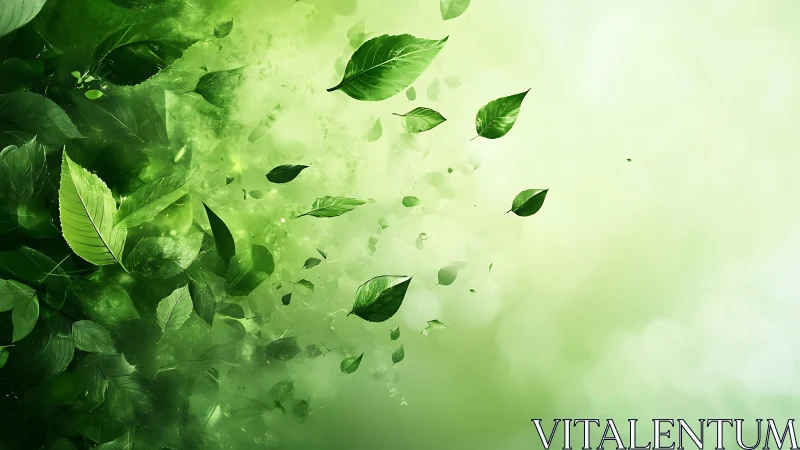 Green leaves disperse across a gradient abstract background