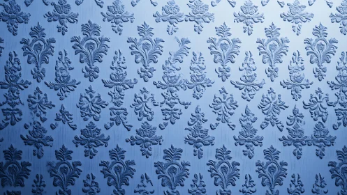 Embossed blue damask wallpaper with repeating floral motif.