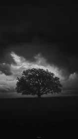 Solitary tree stands against storm-heavy monochrome sky