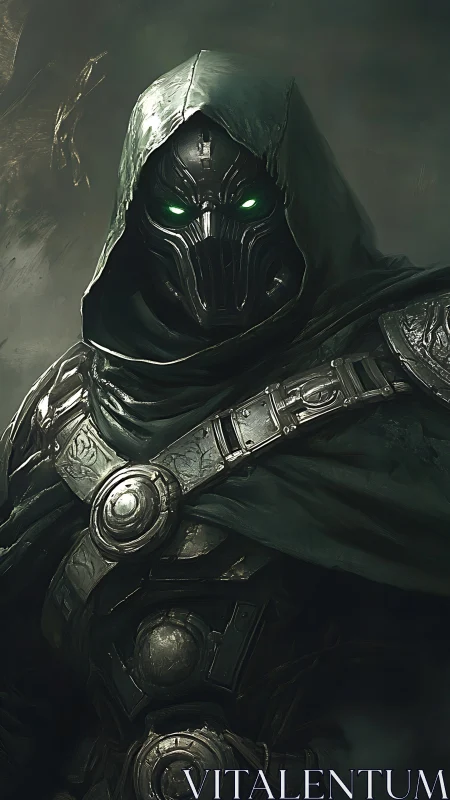 Mysterious hooded warrior with glowing green eyes stands watch.