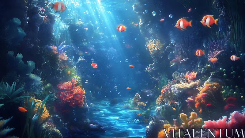 Colorful coral reef with tropical fish in sunlit ocean.
