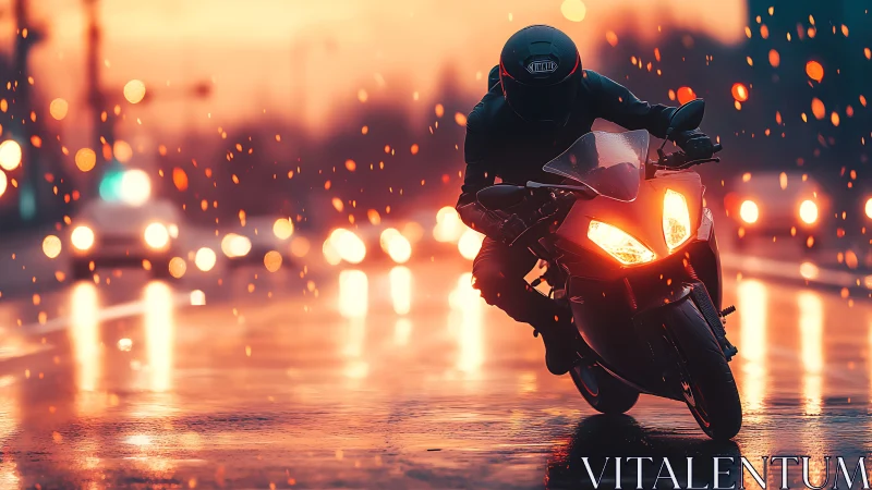 Motorcyclist leans into wet city street curve at sunset