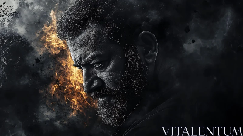 Brooding portrait framed by fire and swirling dark smoke.