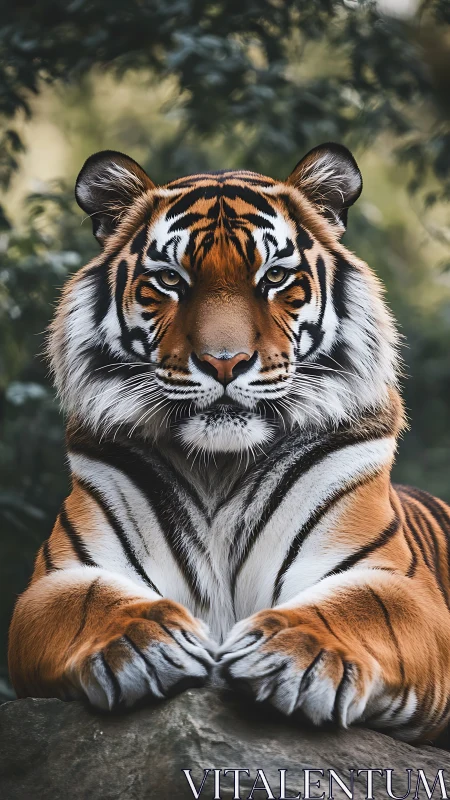 Front-facing Bengal tiger portrait shows symmetrical facial patterning