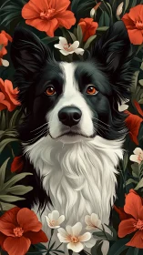 Border collie portrait in stylized florals with rich contrasts.