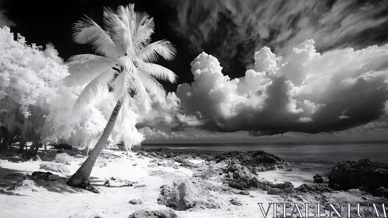 Infrared Beach Paradise with Palm Tree Against Dramatic Sky.