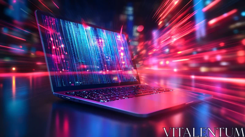 High-speed laptop streams neon data through digital city.