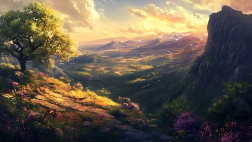 Luminous alpine valley vista with stratified terrain rendering.