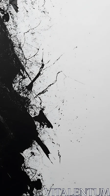 Diagonal black ink fracture cuts across stark minimal field