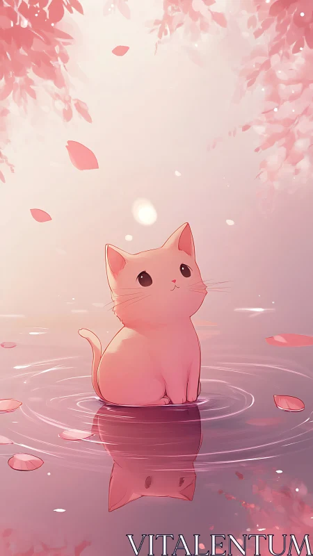 Soft pink kitten watches drifting petals in quiet water.