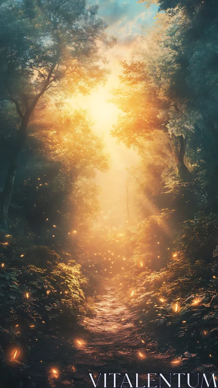 Forest Path with Luminous Atmospheric Volumetric Lighting and Particle Effects