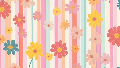 Daisy Pattern on Vertical Striped Background with Multiple Colors