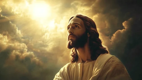 Photorealistic devotional portrait under radiant celestial light.