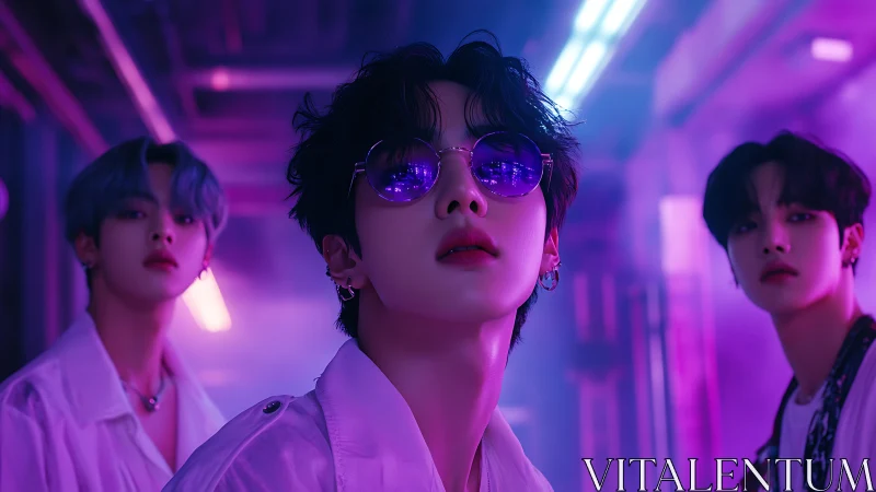 Neon-lit trio in chromatic tunnel with cinematic depth staging.