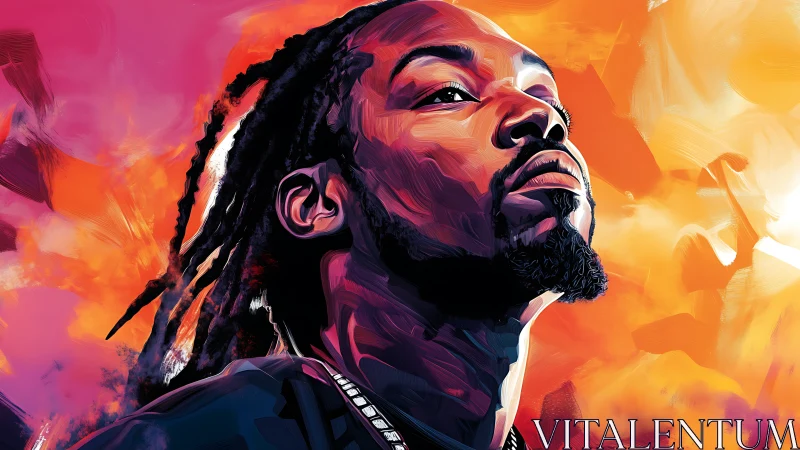 Luminous hip hop portrait ignites in neon fire and dawn skies.