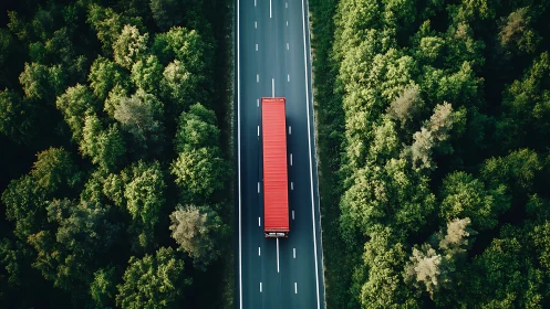 Red freight truck on forest highway in centered aerial symmetry.