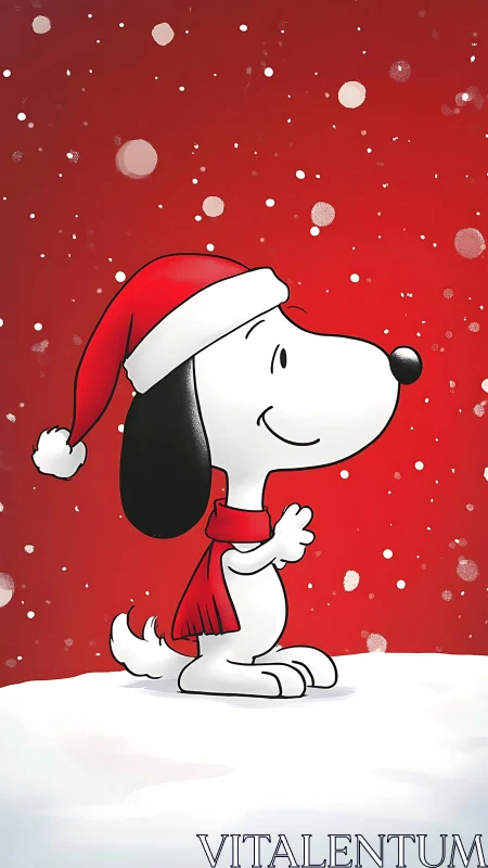 Cartoon beagle in Santa hat stands on snow in red snowfall
