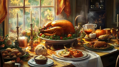 Cozy autumn feast with golden roast turkey and warm light.