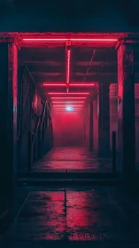 Neon lit industrial corridor with red lights and misty exit.