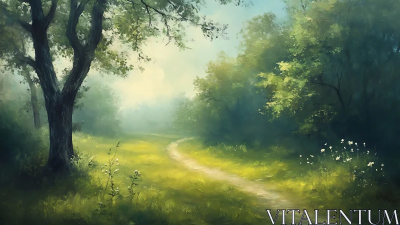 Serene Forest Path Bathed in Golden Sunlight and Mist