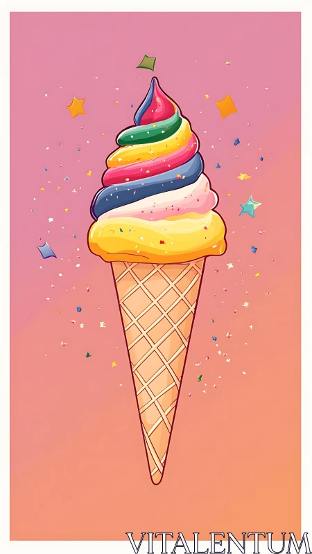 Rainbow swirl ice cream cone sparkles on candy sunset sky.