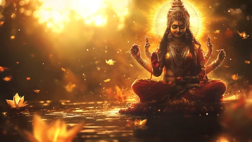 Radiant multi-armed goddess in luminous lotus field meditation.