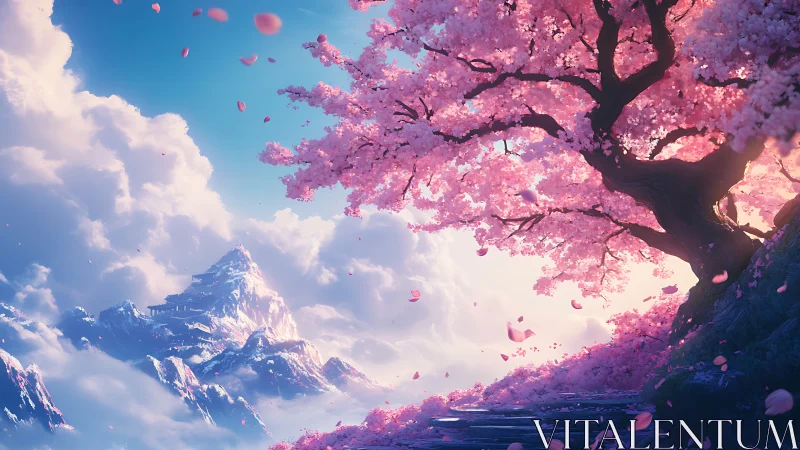 Gentle sunrise beneath a pink blossom tree in the clouds.