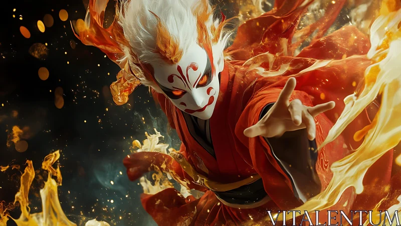 Flame-masked warrior dancing through swirling golden fire.