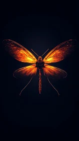 Luminous orange dragonfly glows against deep black void
