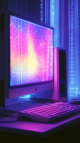 Retro desktop computer glows with neon galaxy display