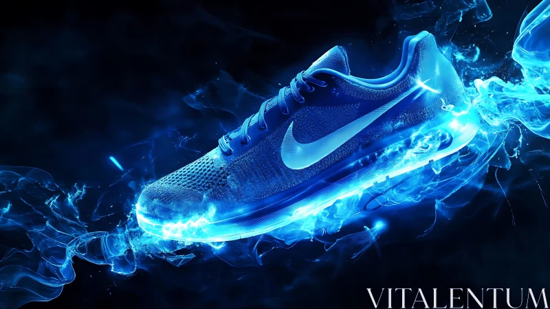 Electric blue running shoe in dynamic neon smoke burst.