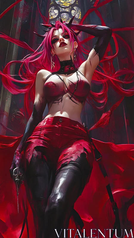 Red-haired figure in torn garments before stained glass window.