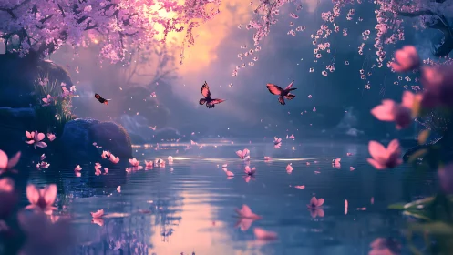 Butterflies drift through a dreamy cherry blossom lagoon.