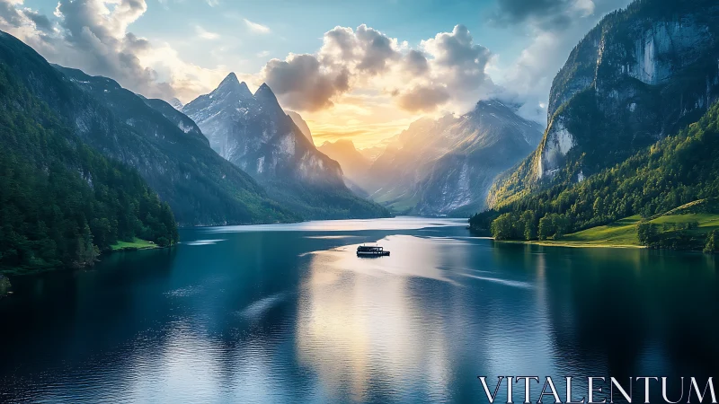 Mountain lake sunrise with lone boat and mirrored reflections.