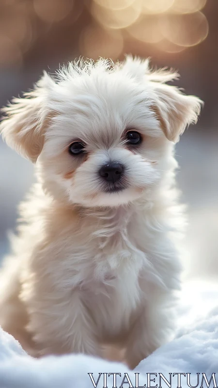 Soft-focus winter portrait captures fluffy white puppy