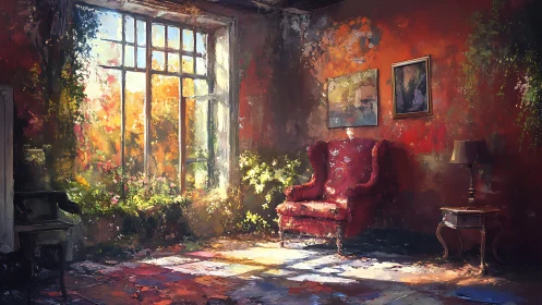 Interior scene shows red armchair in sunlit, overgrown room