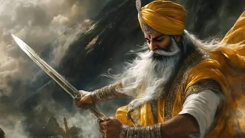 Warrior sage in golden robes readies a gleaming sword.