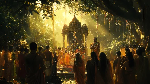Hindu devotees gather around forest shrine in golden light