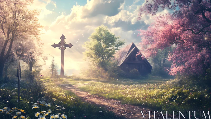 Sunlit forest shrine path leads to tranquil wooden cabin.