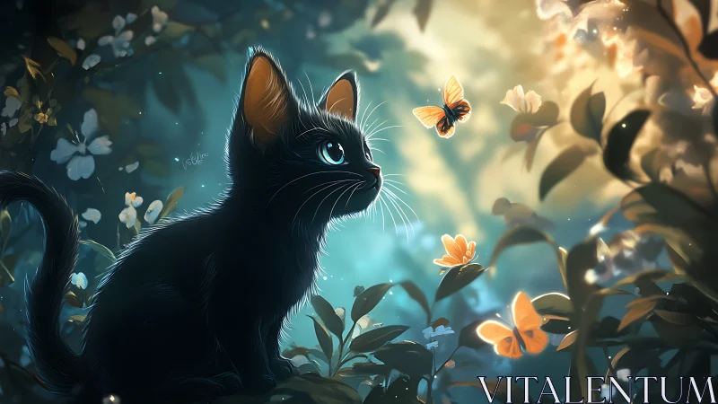 Black Cat with Luminescent Eyes Among Ethereal Flowers and Butterflies